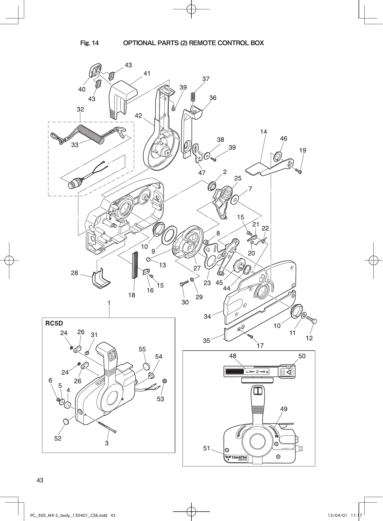 Tohatsu M4C, M2.5A2, M3.5B2, M3.5A2, M5B OPTIONAL PARTS (2) REMOTE CONTROL BOX parts diagram
