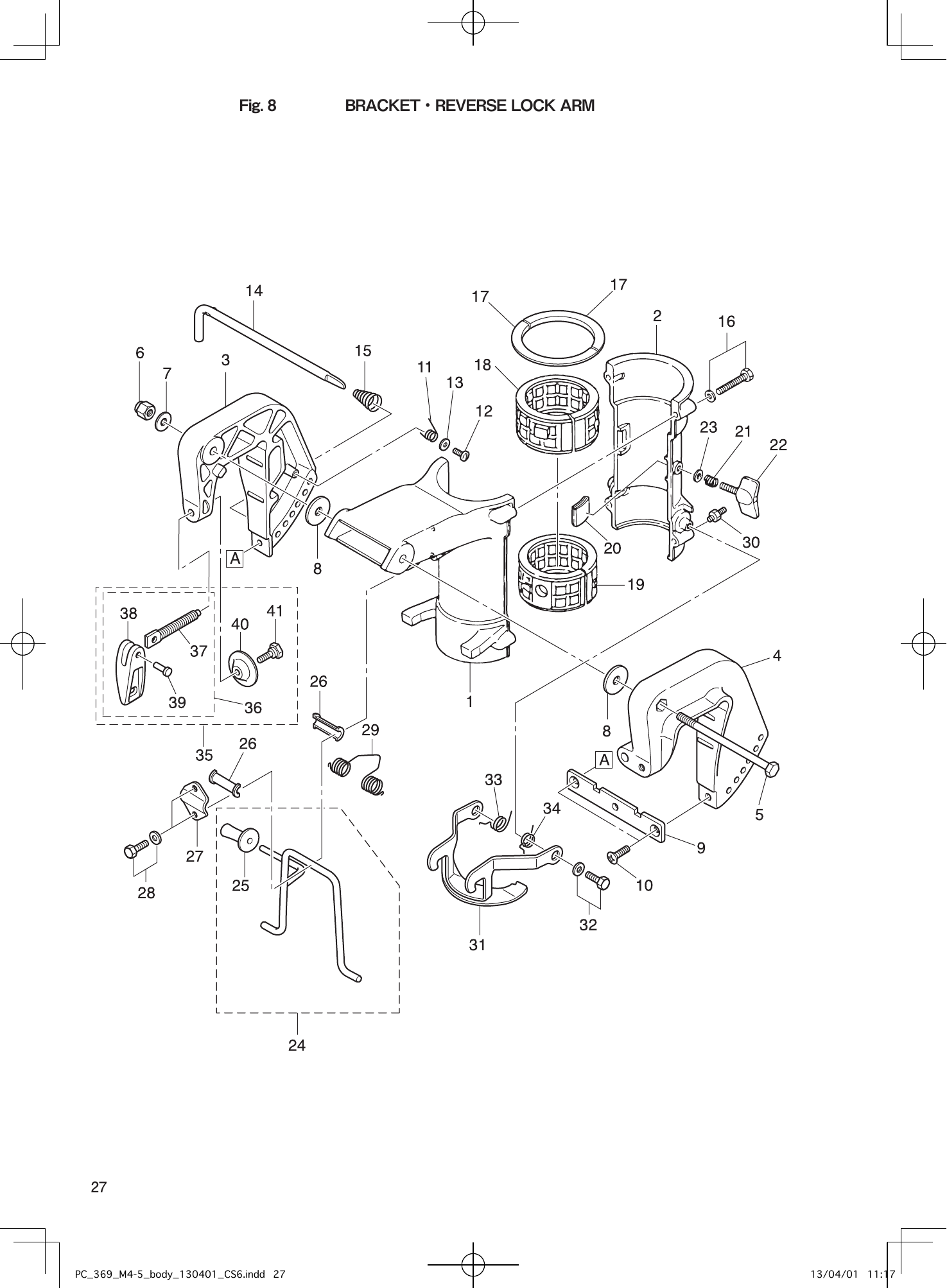 Tohatsu M4C, M2.5A2, M3.5B2, M3.5A2, M5B BRACKET・REVERSE LOCK ARM parts diagram