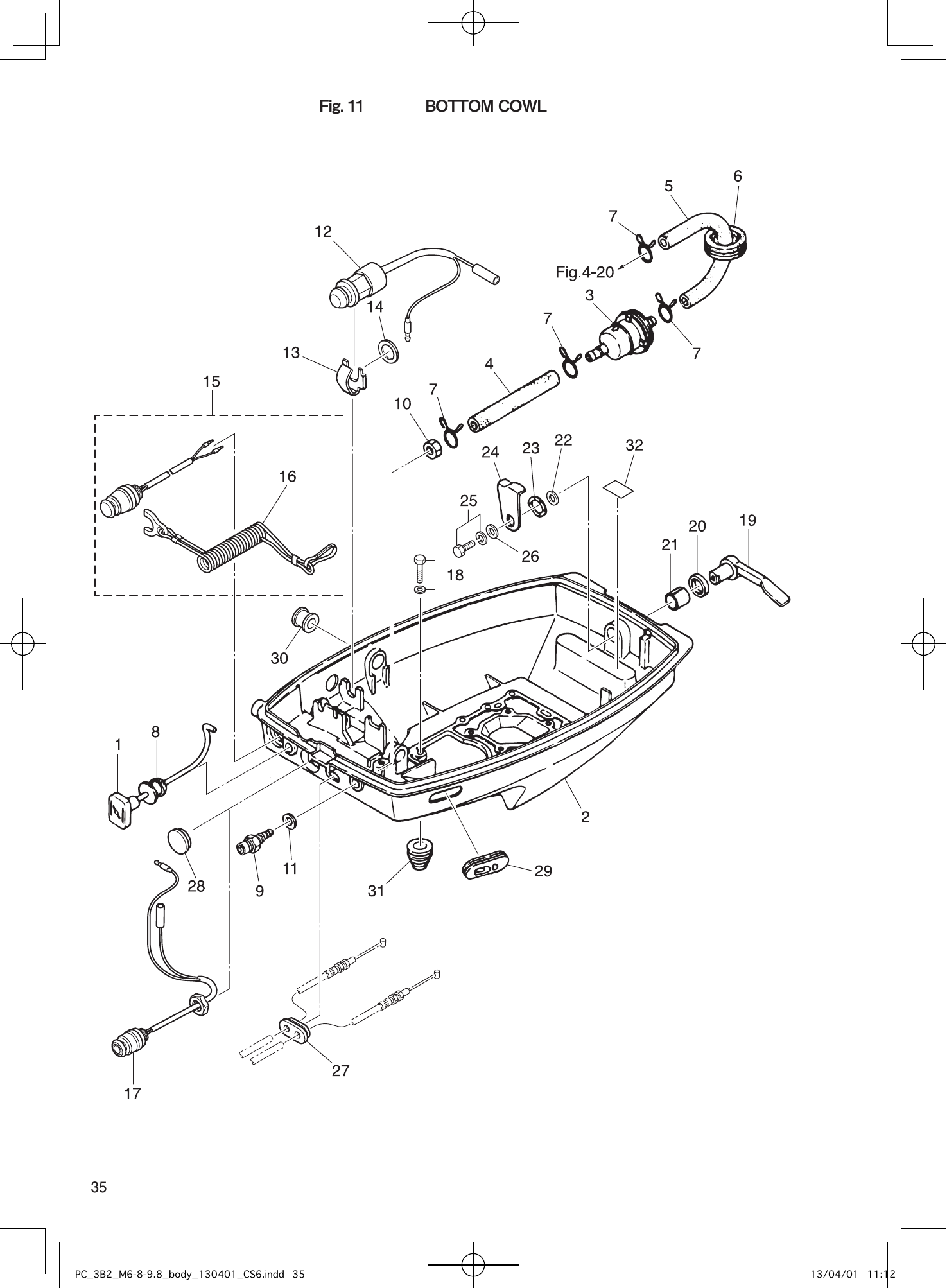 Tohatsu M6B, M8B, M9.8B BOTTOM COWL parts diagram
