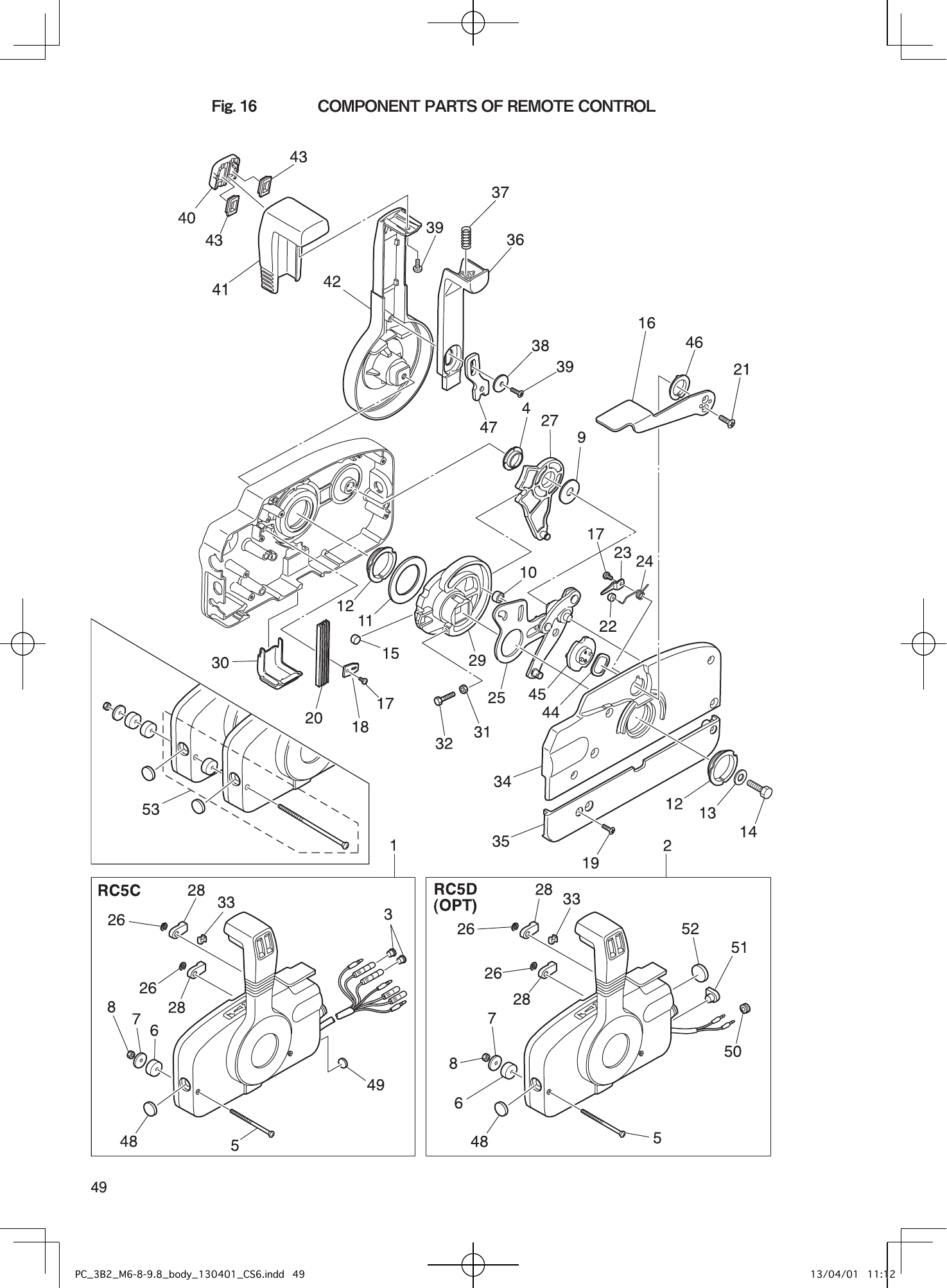 Tohatsu M6B, M8B, M9.8B COMPONENT PARTS OF REMOTE CONTROL parts diagram