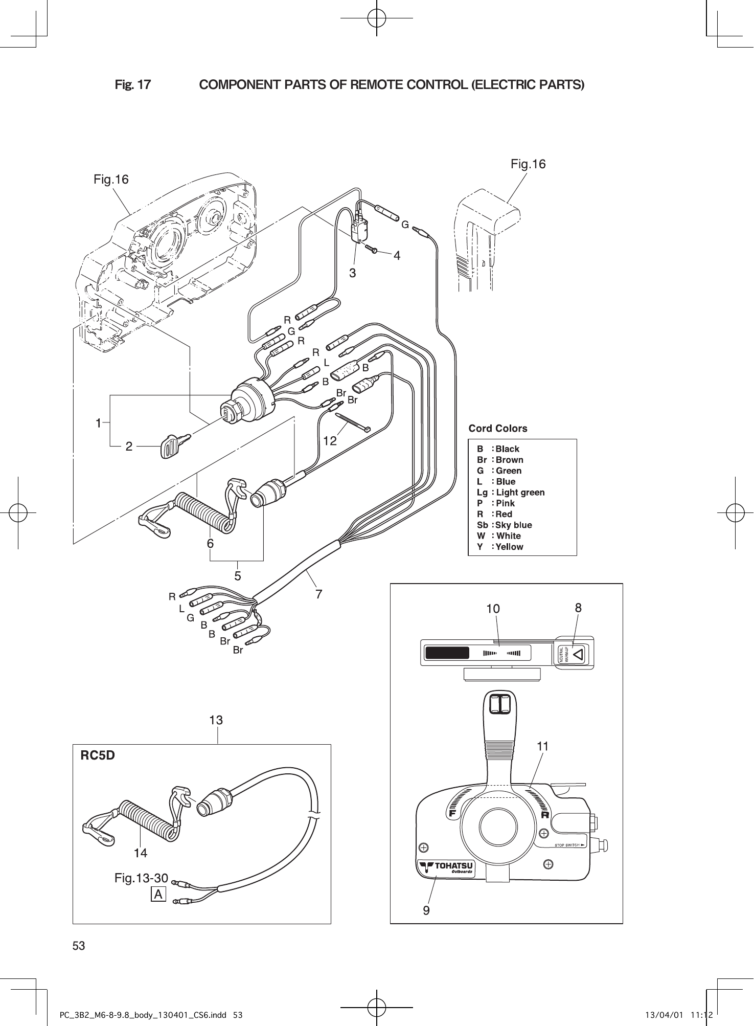 Tohatsu M6B, M8B, M9.8B COMPONENT PARTS OF REMOTE CONTROL (ELECTRIC PARTS) parts diagram