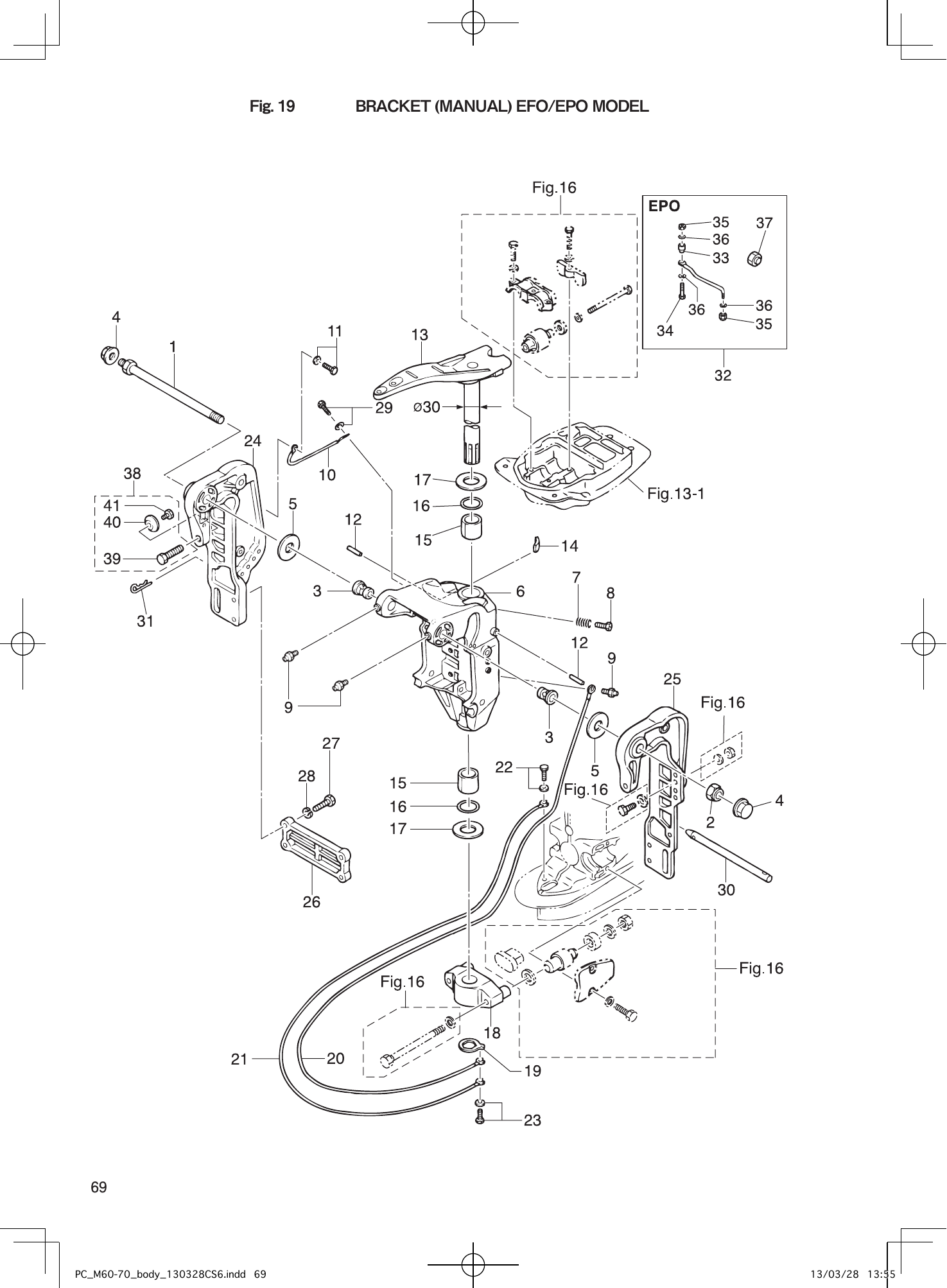 Tohatsu M60C, M70C BRACKET (MANUAL) EFO/EPO MODEL parts diagram