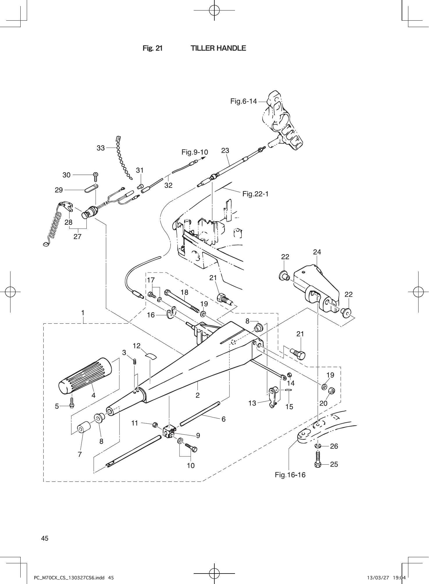 Tohatsu M70CX TILLER HANDLE parts diagram