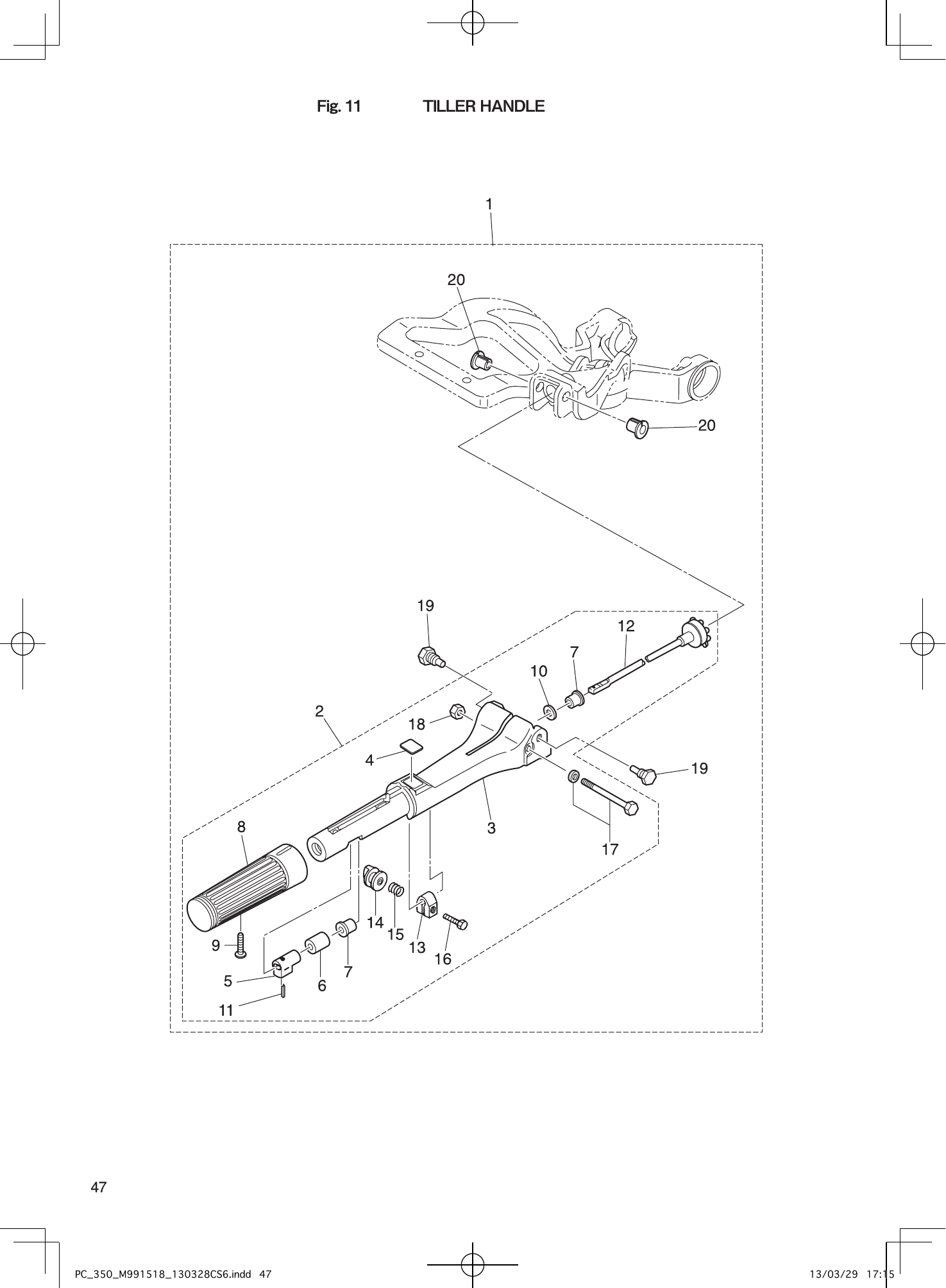 Tohatsu MX18E2, M9.9D2, M15D2, M18E2 TILLER HANDLE parts diagram