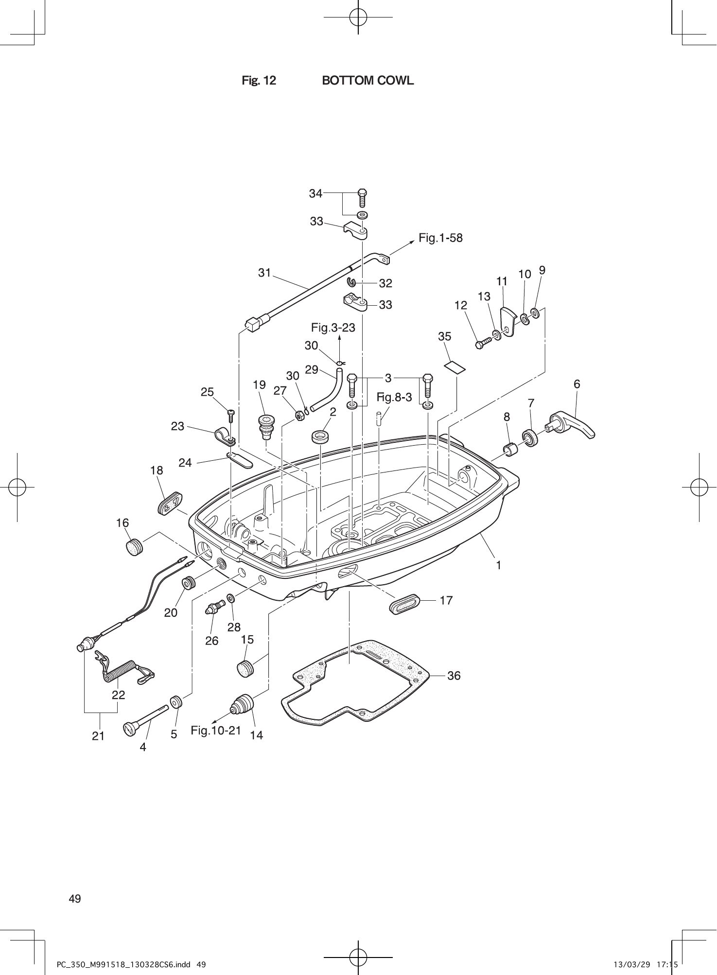 Tohatsu MX18E2, M9.9D2, M15D2, M18E2 BOTTOM COWL parts diagram