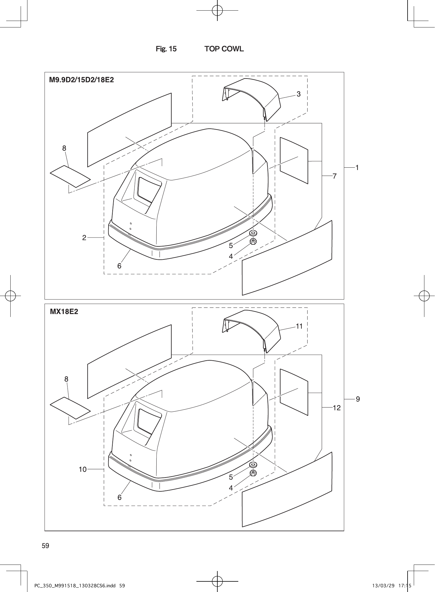 Tohatsu MX18E2, M9.9D2, M15D2, M18E2 TOP COWL parts diagram