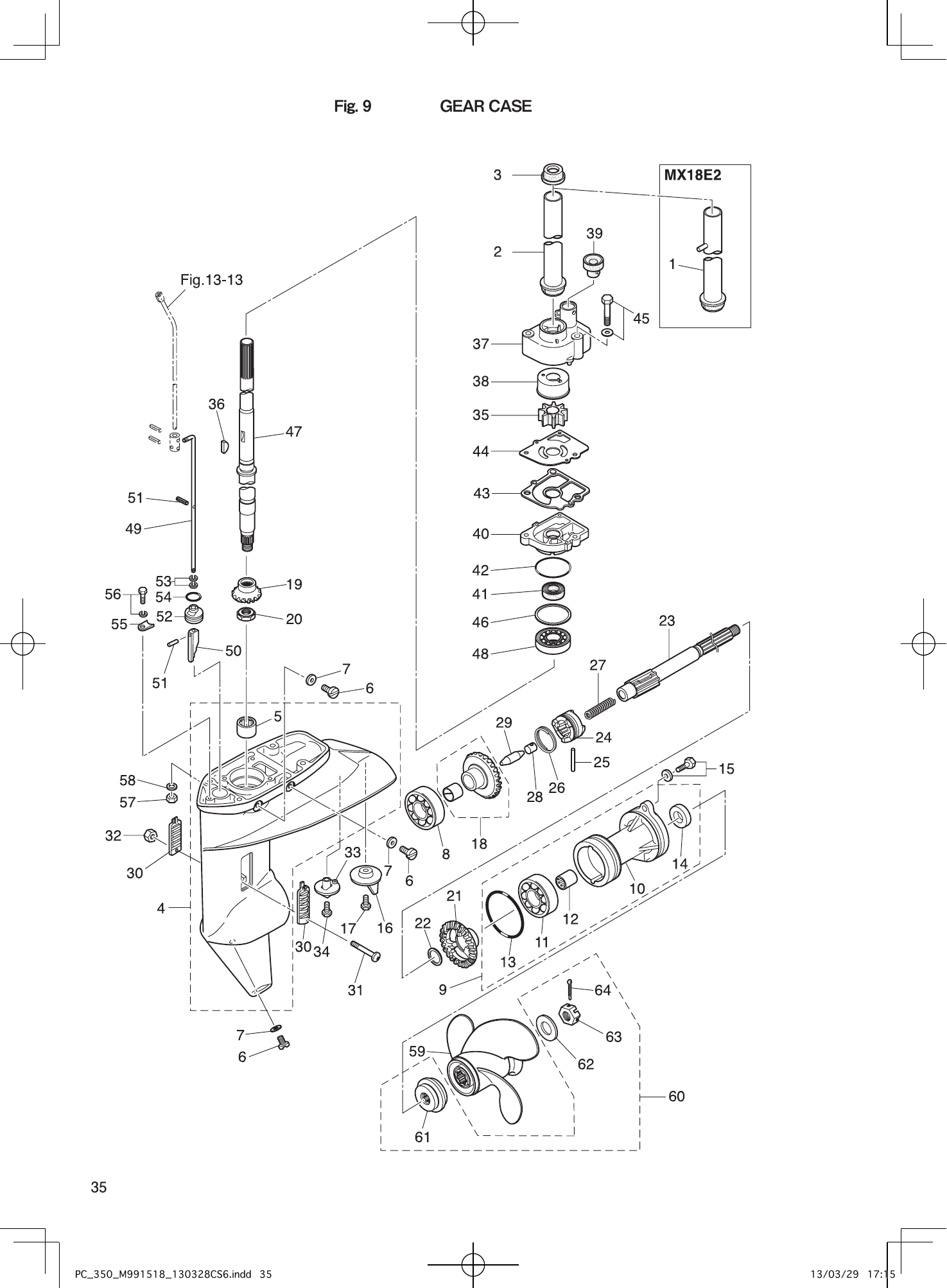 Tohatsu MX18E2, M9.9D2, M15D2, M18E2 GEAR CASE parts diagram