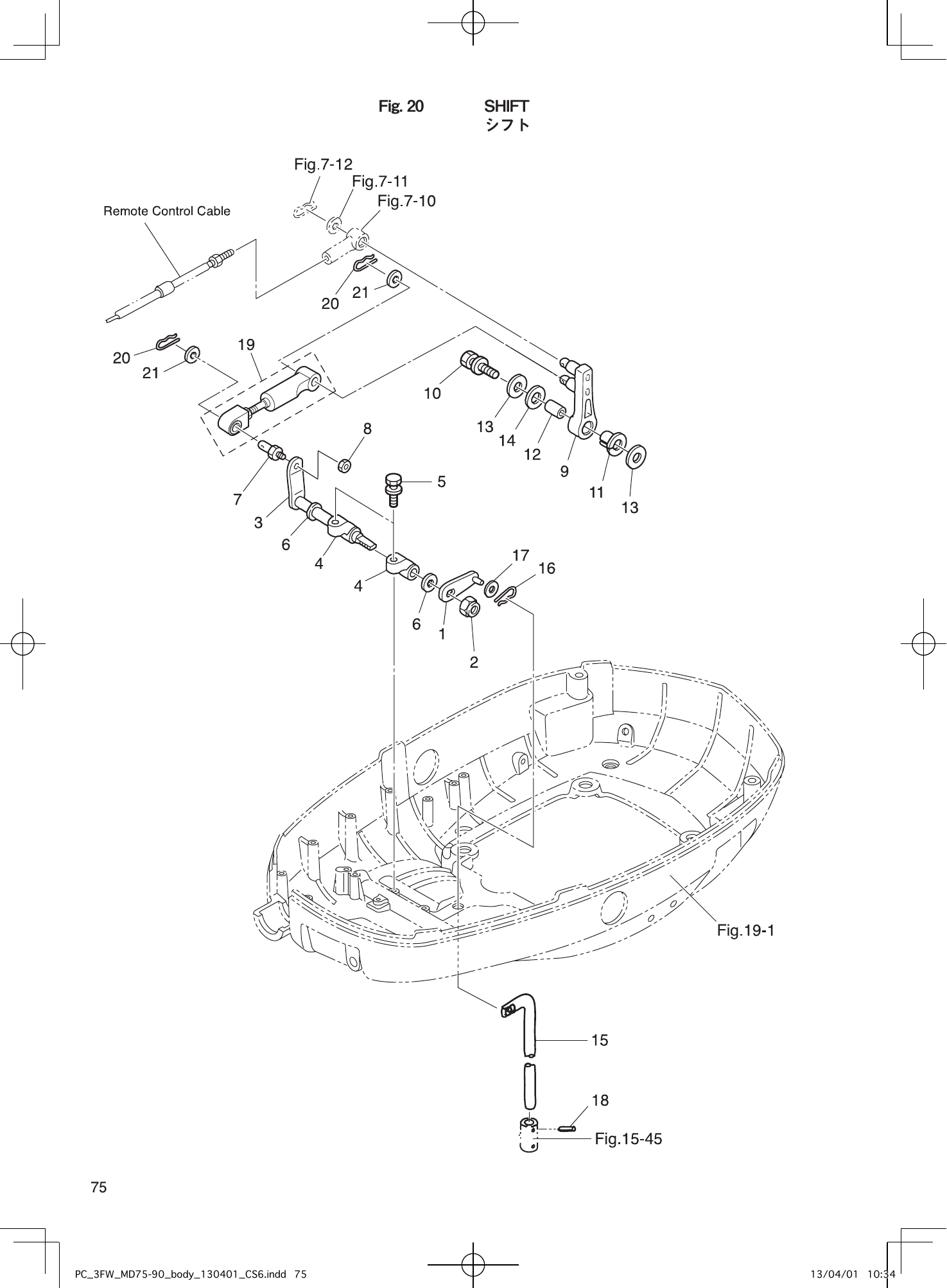 Tohatsu MD75C2, MD90C2 SHIFT parts diagram