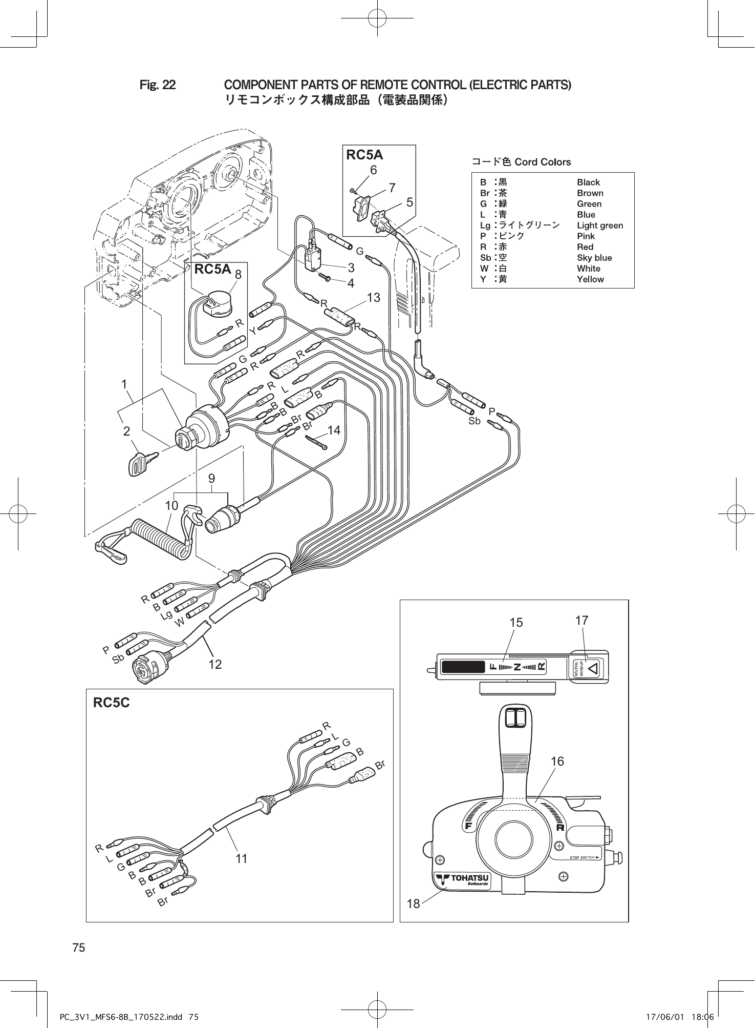 Tohatsu MFS6BZ, MFS8B, MFS9.8B COMPONENT PARTS OF REMOTE CONTROL (ELECTRIC PARTS) parts diagram