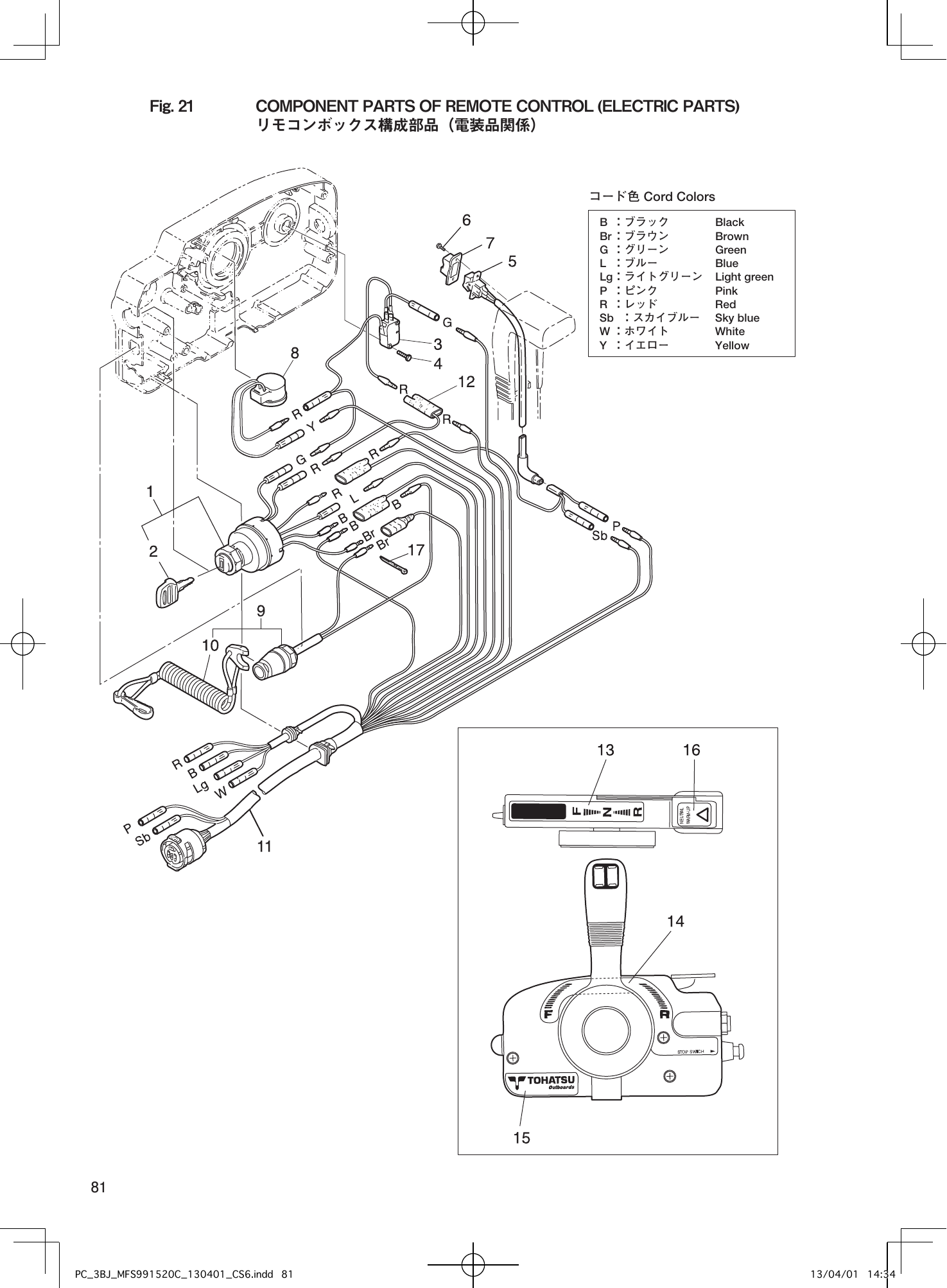 Tohatsu MFS9.9C, MFS15C, MFS20C COMPONENT PARTS OF REMOTE CONTROL (ELECTRIC PARTS) parts diagram