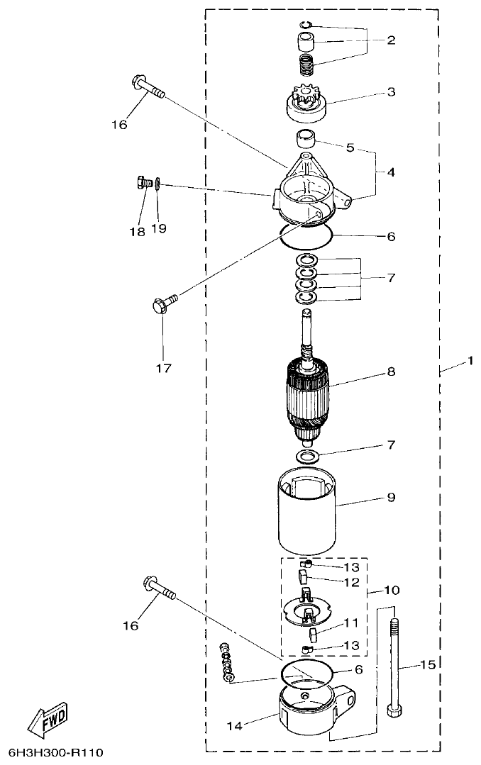 Yamaha 60FET, 60FETO, 70BETO STARTING MOTOR parts diagram