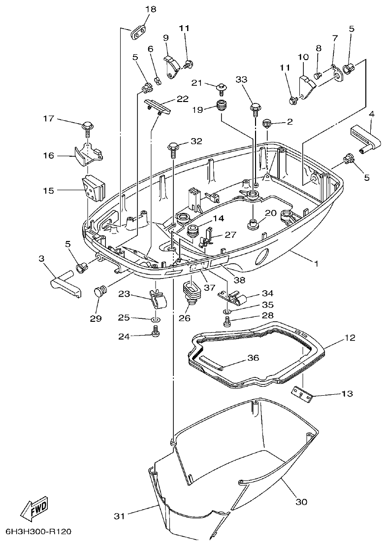 Yamaha 60FET, 60FETO, 70BETO BOTTOM COWLING parts diagram