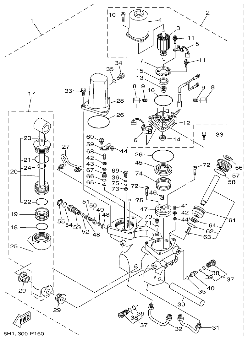 Yamaha 60FET, 60FETO, 70BETO POWER TRIM & TILT ASSY parts diagram