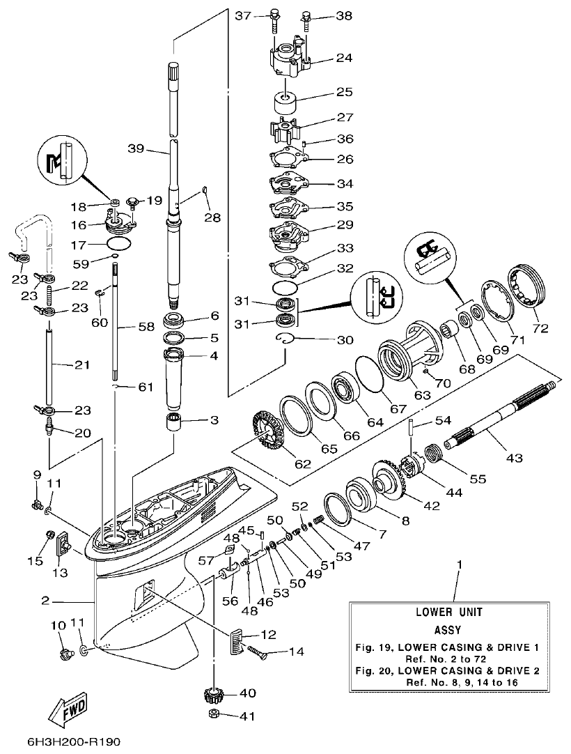 Yamaha 60FET, 60FETO, 70BETO LOWER CASING & DRIVE 1 parts diagram