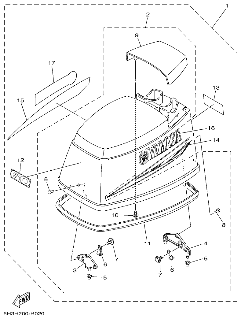 Yamaha 60FET, 60FETO, 70BETO TOP COWLING 1 parts diagram