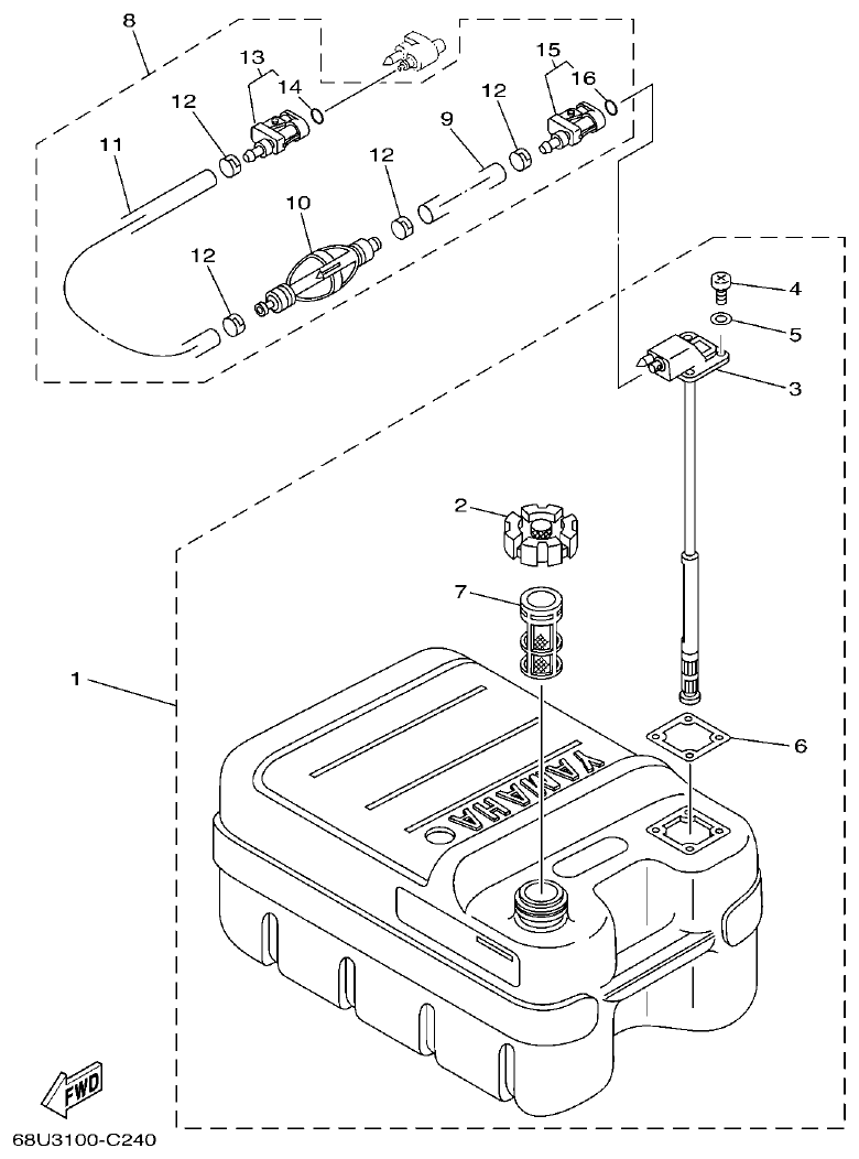 Yamaha 60FET, 60FETO, 70BETO FUEL TANK parts diagram