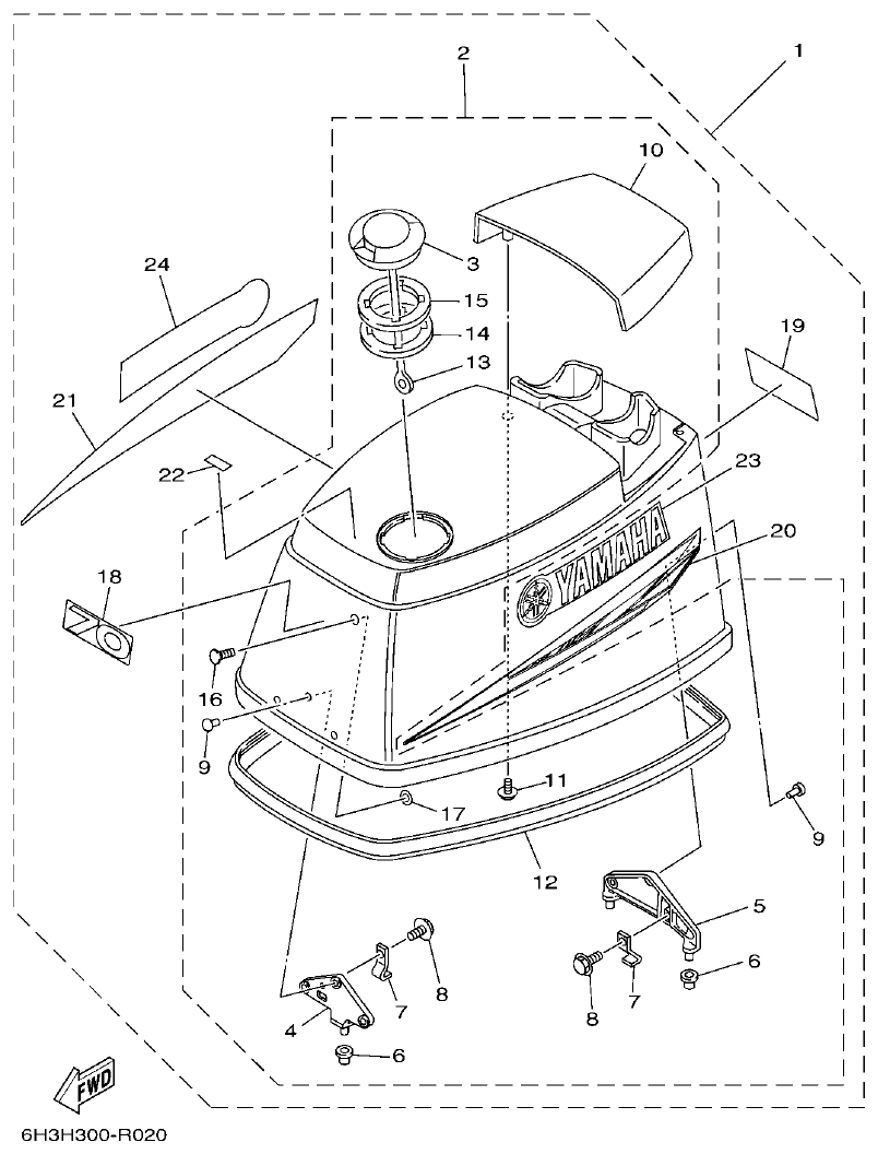 Yamaha 60FET, 60FETO, 70BETO TOP COWLING 2 parts diagram