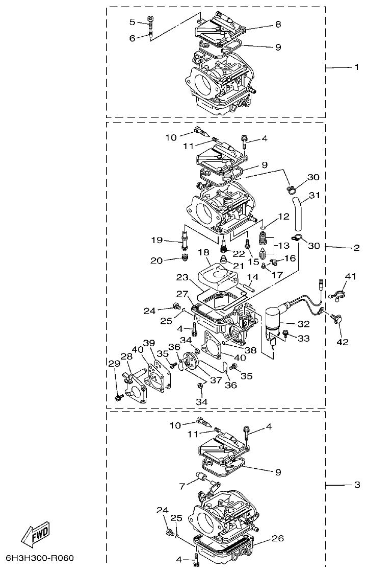 Yamaha 60FET, 60FETO, 70BETO CARBURETOR parts diagram