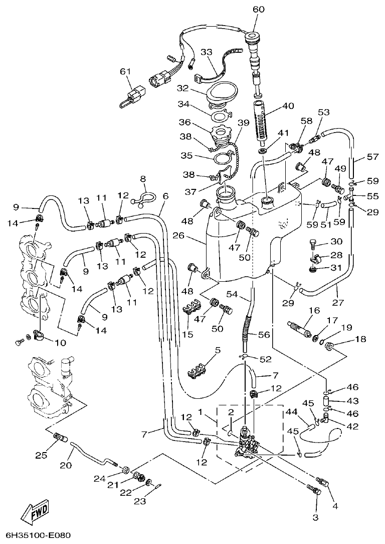 Yamaha 60FET, 60FETO, 70BETO OIL PUMP parts diagram