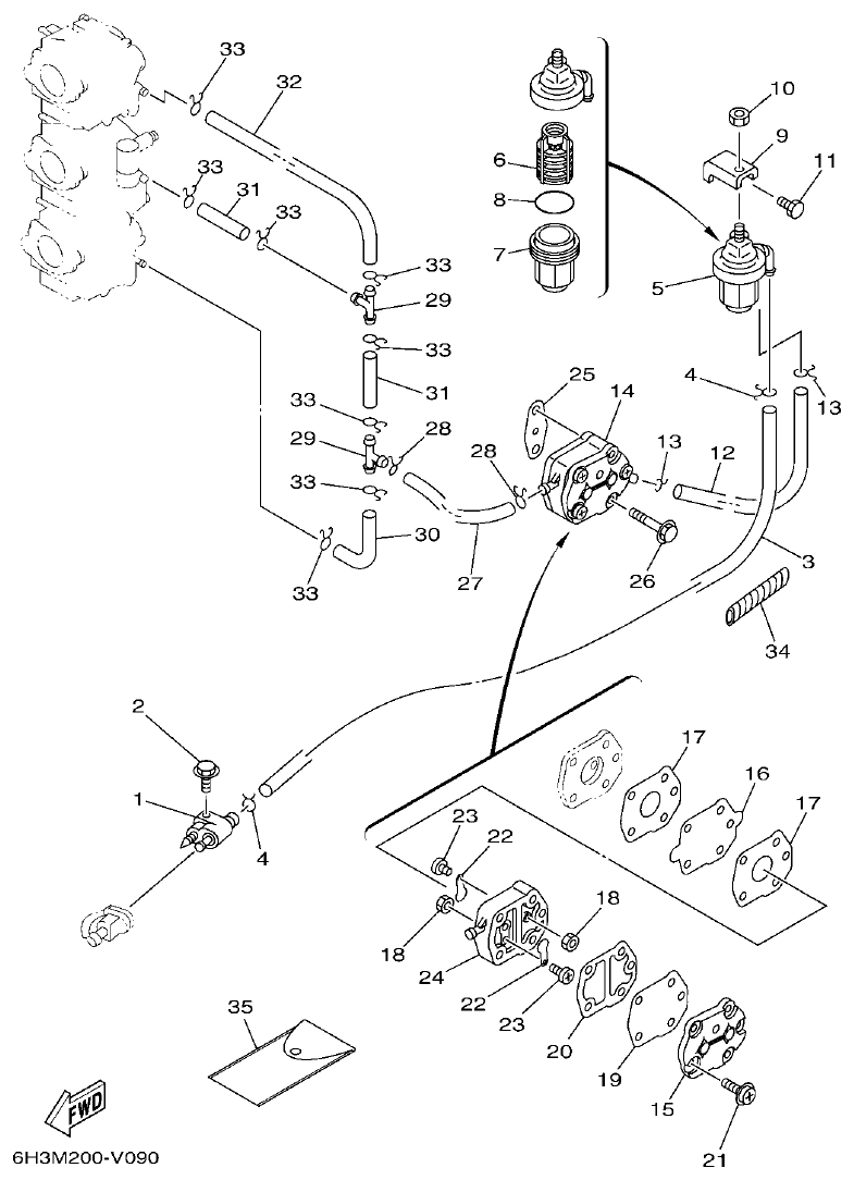 Yamaha 60FET, 60FETO, 70BETO FUEL parts diagram