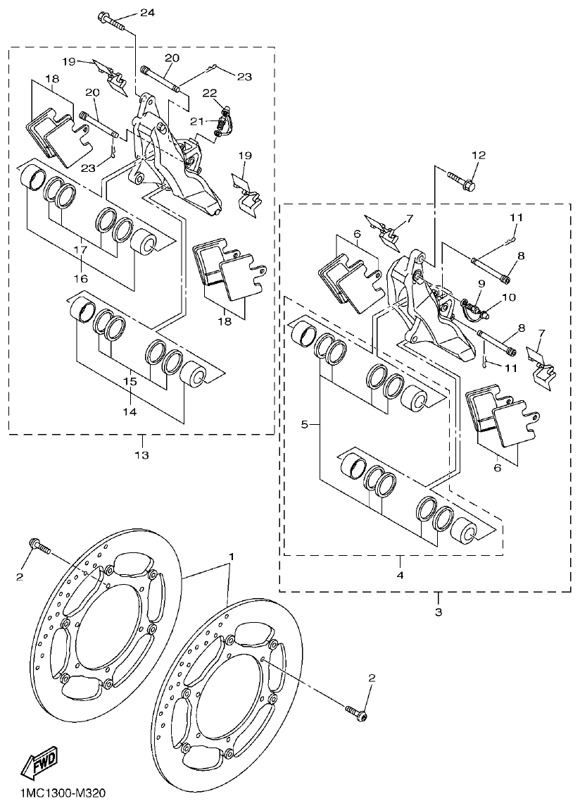 Yamaha FJR1300AP FRONT BRAKE CALIPER parts diagram