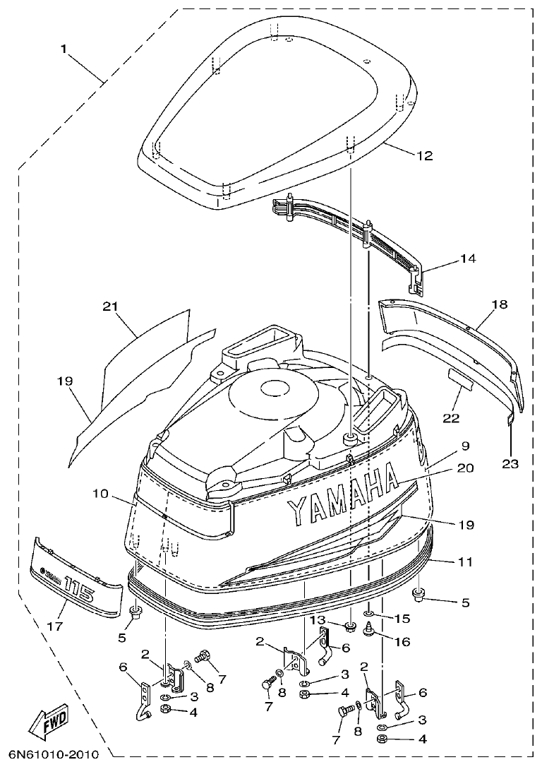Yamaha 115CETO, 130BETO TOP COWLING parts diagram