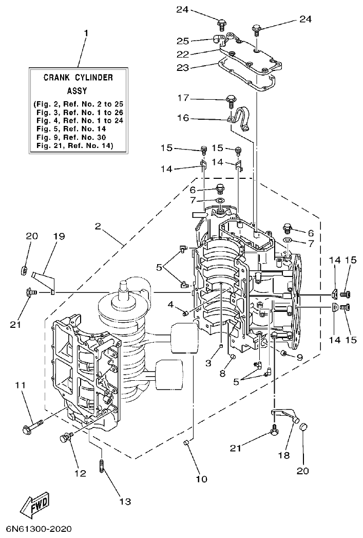 Yamaha 115CETO, 130BETO CYLINDER. CRANKCASE 1 parts diagram