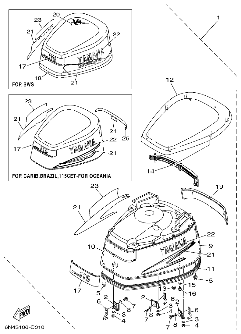 Yamaha 115C, 130B, L130B, L130BETO TOP COWLING parts diagram