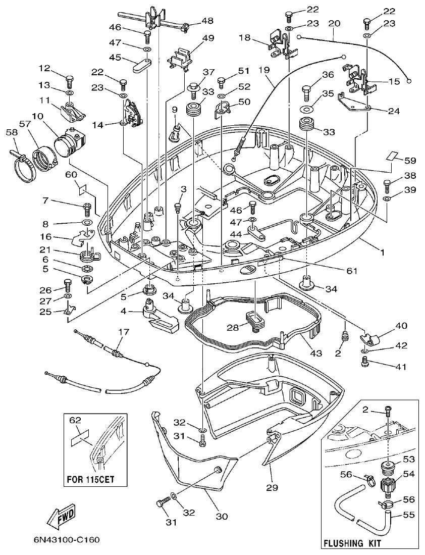 Yamaha 115C, 130B, L130B, L130BETO BOTTOM COWLING parts diagram