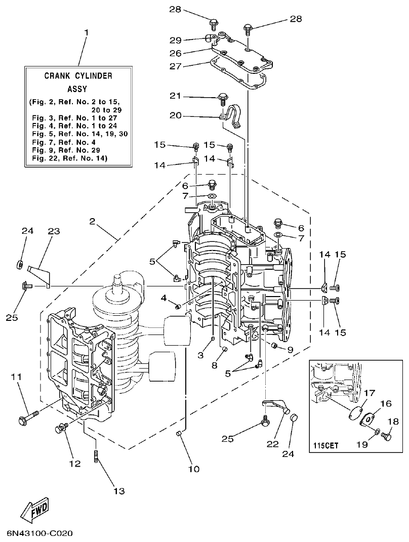 Yamaha 115C, 130B, L130B, L130BETO CYLINDER. CRANKCASE 1 parts diagram