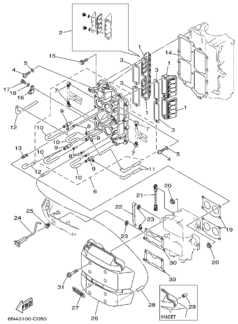 Yamaha 115C, 130B, L130B, L130BETO INTAKE parts diagram