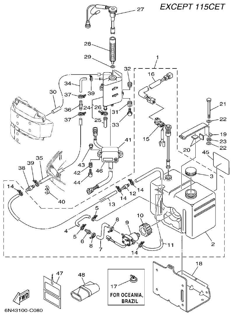 Yamaha 115C, 130B, L130B, L130BETO OIL TANK parts diagram