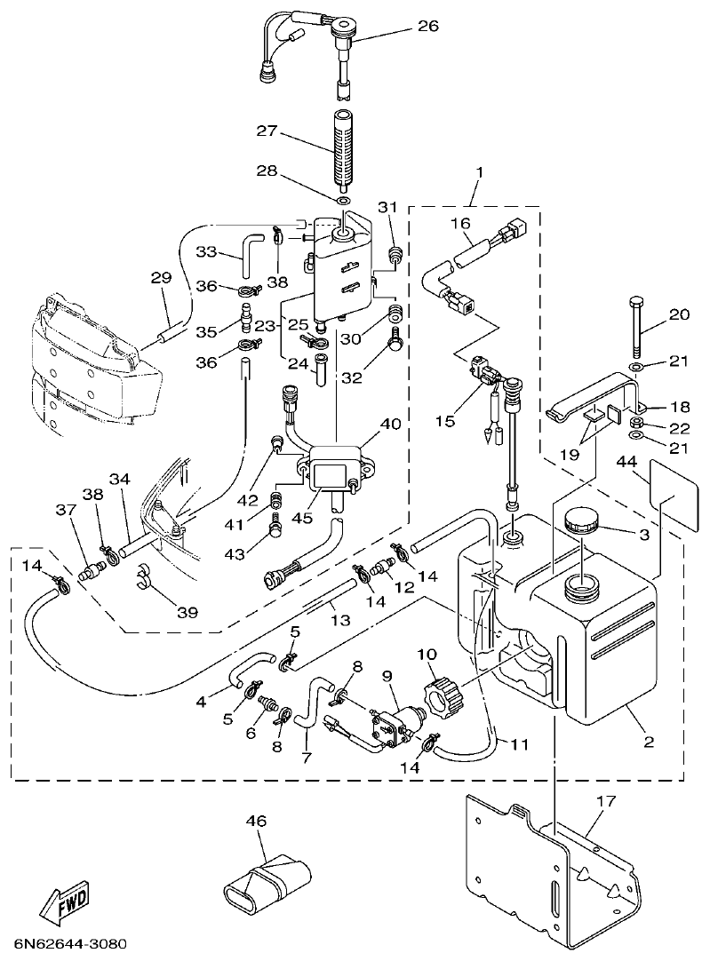 Yamaha 115CETO, 130BETO OIL TANK parts diagram