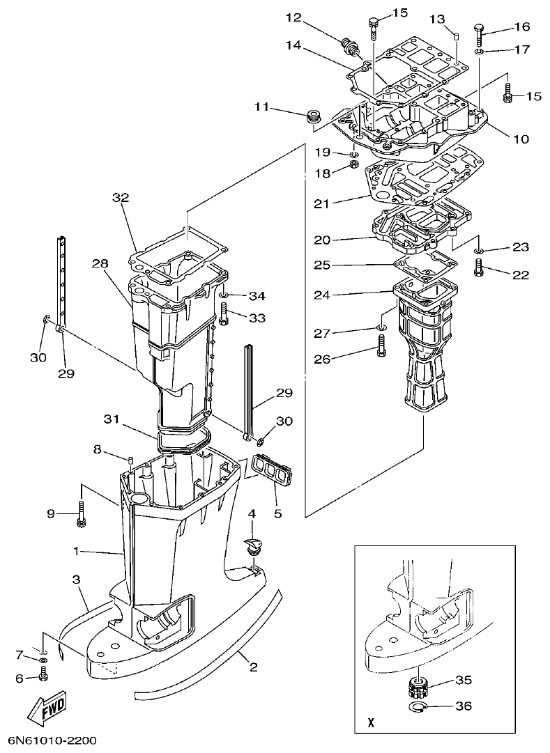 Yamaha 115B, 140B UPPER CASING parts diagram