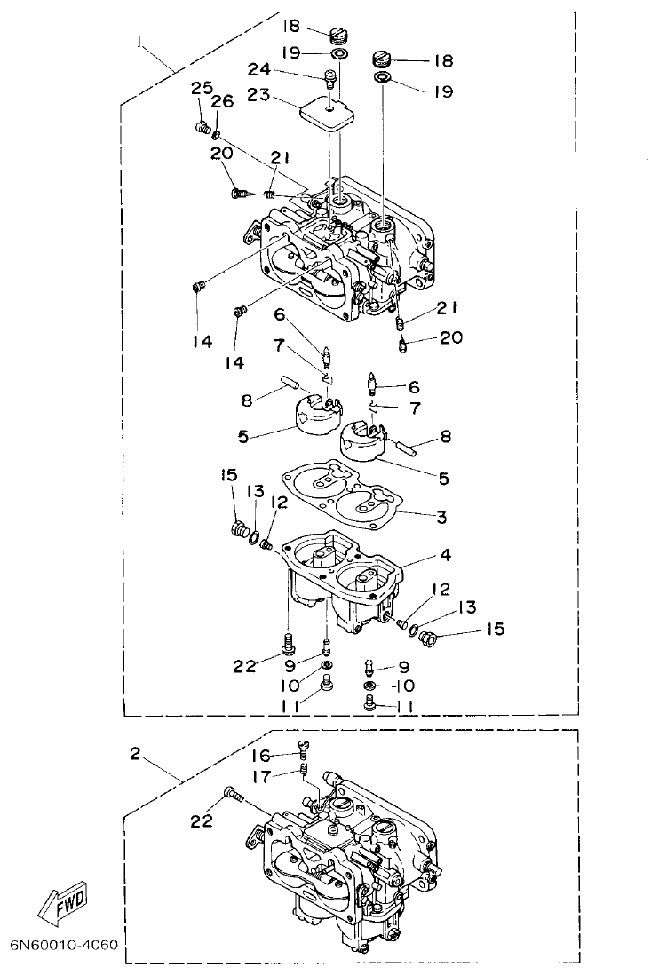 Yamaha 115B, 140B CARBURETOR parts diagram