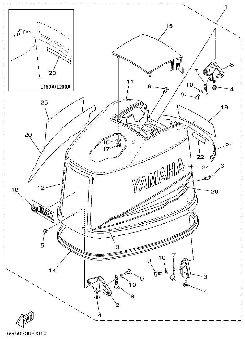 Yamaha L150A, L200A TOP COWLING parts diagram