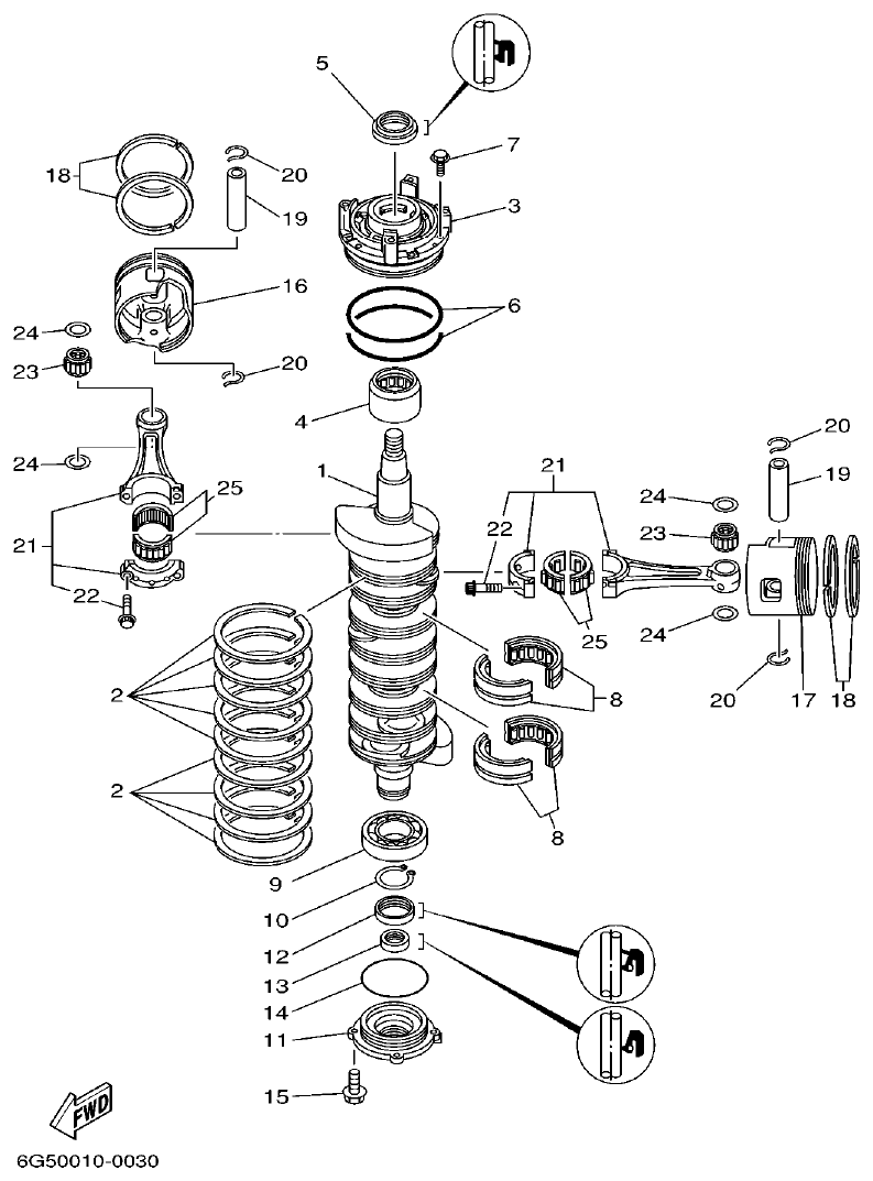 Yamaha L150A, L200A CRANKSHAFT. PISTON parts diagram