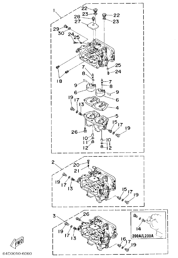 Yamaha L150A, L200A CARBURETOR parts diagram
