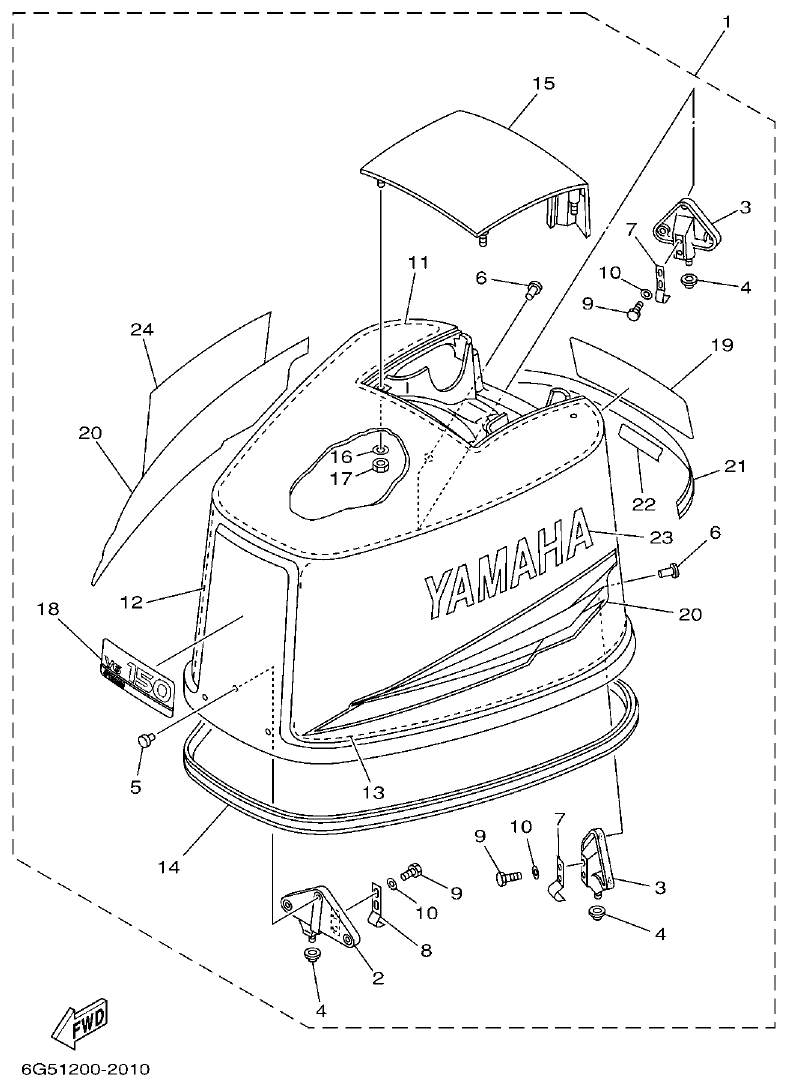 Yamaha 150AET, 175AET, 200AET, L150AET, L200AET TOP COWLING parts diagram