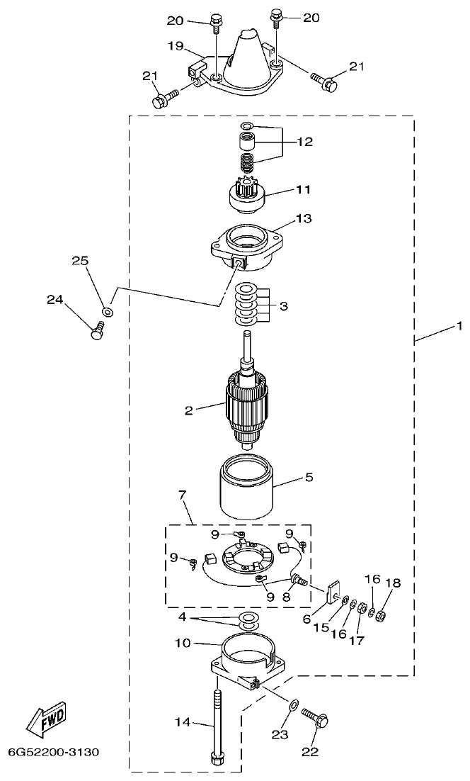 Yamaha 150AET, 175AET, 200AET, L150AET, L200AET STARTING MOTOR parts diagram