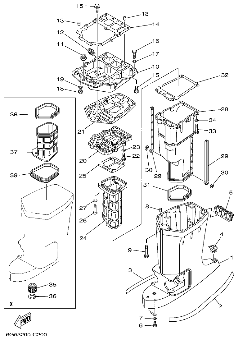 Yamaha 150AET, 175AET, 200AET, L150AET, L200AET UPPER CASING parts diagram