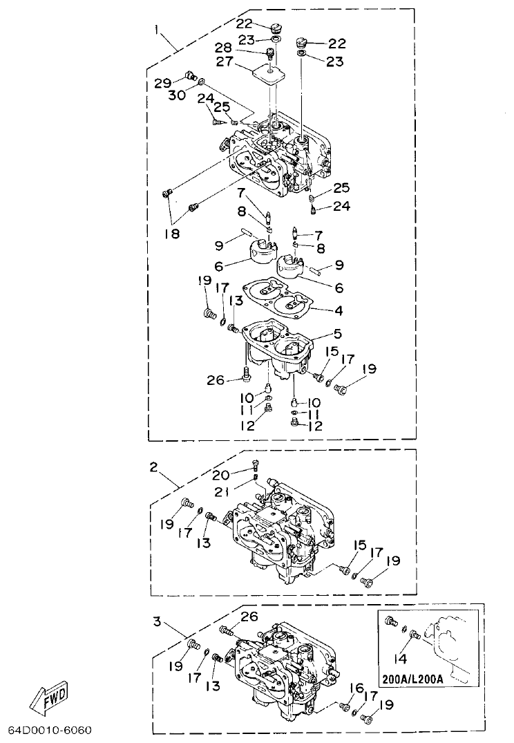 Yamaha 150AET, 175AET, 200AET, L150AET, L200AET CARBURETOR parts diagram