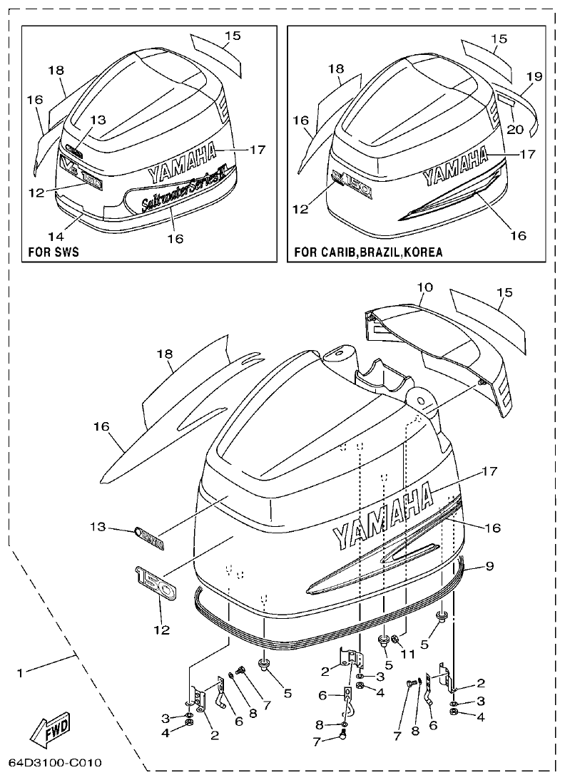 Yamaha 150FETO, 175DETO, L150FETO TOP COWLING parts diagram
