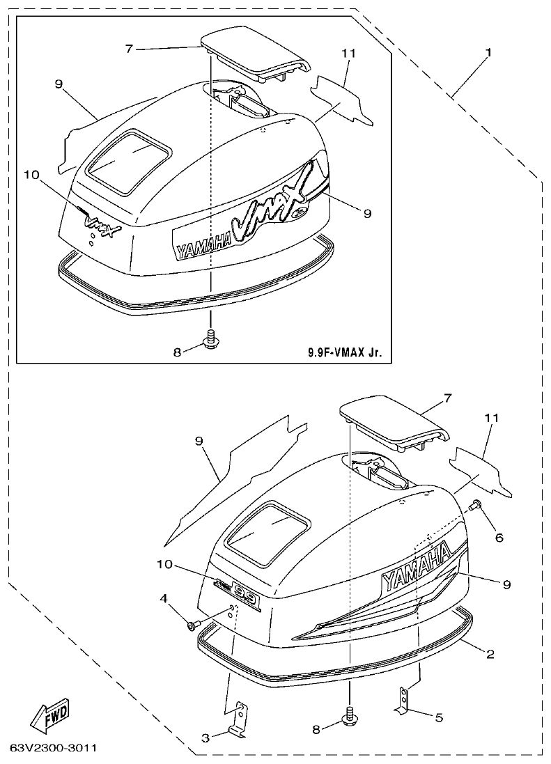 Yamaha 9F, 5A, 15F TOP COWLING parts diagram