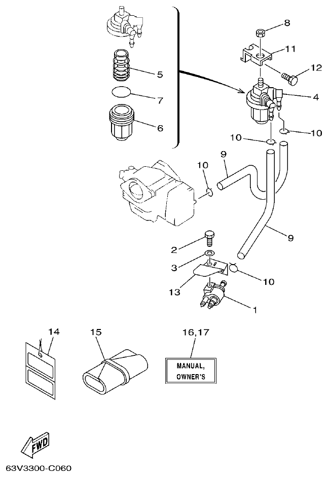 Yamaha 9F, 5A, 15F FUEL parts diagram