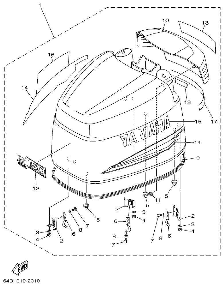 Yamaha 150FETO, 200FETO, L150FETO, L200FETO TOP COWLING parts diagram