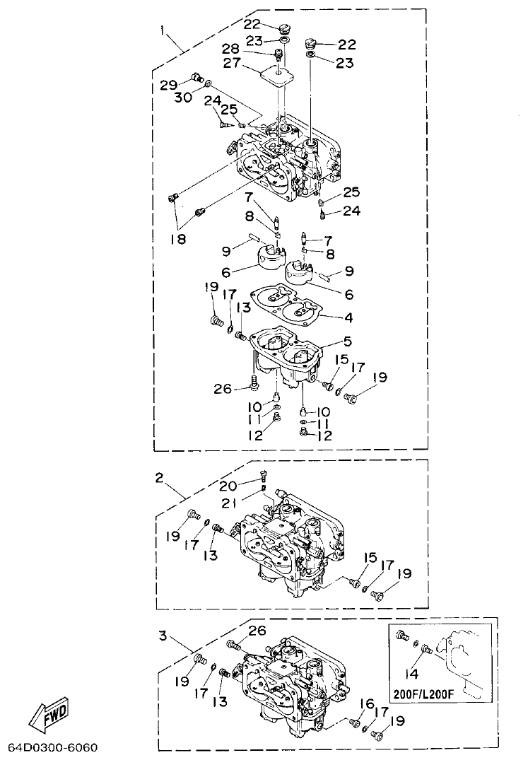 Yamaha 150FETO, 200FETO, L150FETO, L200FETO CARBURETOR parts diagram