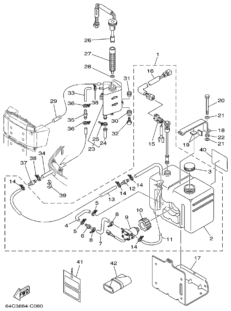 Yamaha 150FETO, 200FETO, L150FETO, L200FETO OIL TANK parts diagram