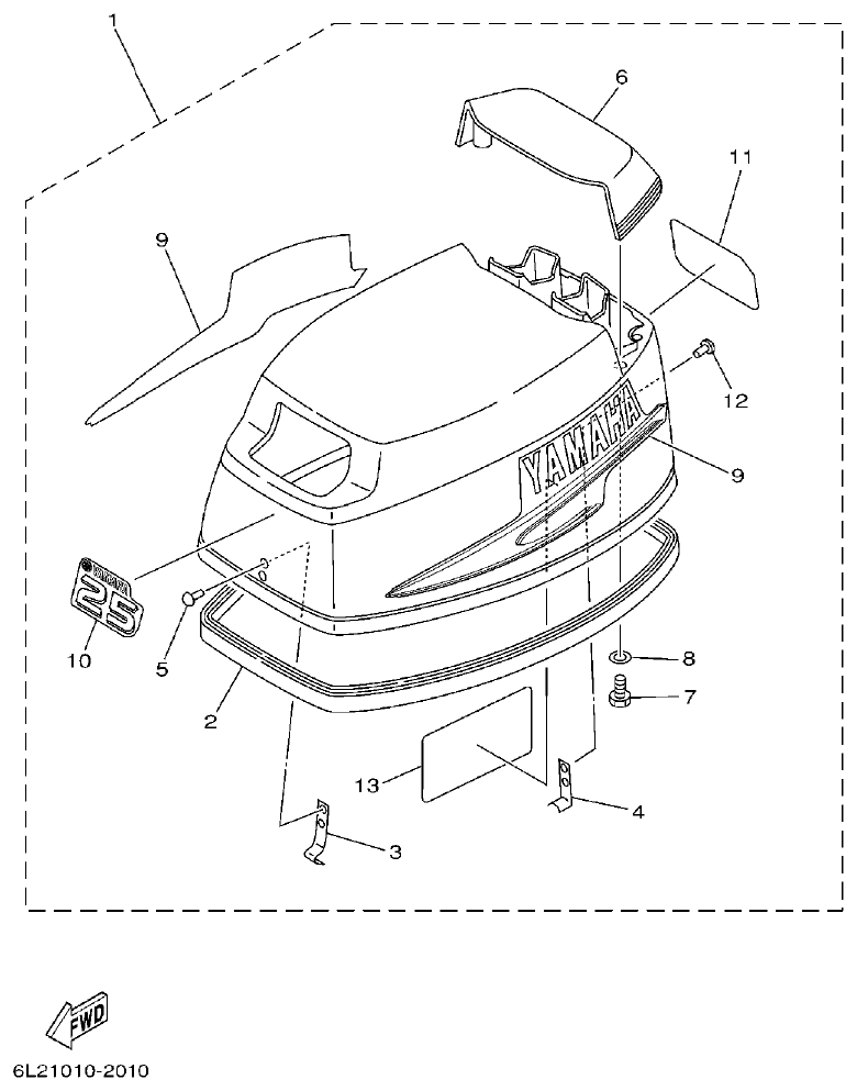 Yamaha 20D, 25N TOP COWLING parts diagram