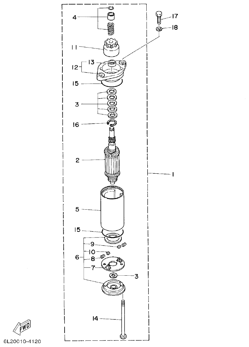 Yamaha 20D, 25N STARTING MOTOR parts diagram